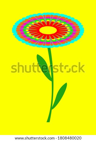 Multicolored flower on a yellow background vector image. Abstract flower blossom. Background vector image. Place for your text. Poster. Greeting card. Birthday. Mothers Day.