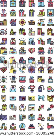 gift boxes related beautiful packaging gifts in many shapes like, ribbons box, balloons, gift box in heart shape, ring box, house, flowers, lollipop, ticket and letter box vector with editable stroke
