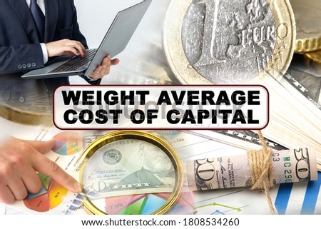 Business concept. Photo collage of photographs on financial topics, the inscription in the center - WEIGHT AVERAGE COST OF CAPITAL