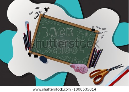 blackboard written icon about school and learning written by colorful chalk and have word "Back to school on board.The board around with school equipment like pen,  paper clip, pencil, eraser.