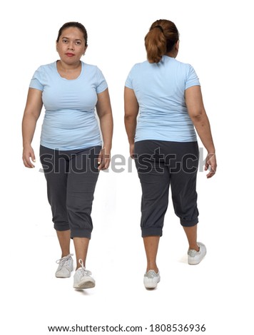 front and back view of same woman with sportswear walking on white background