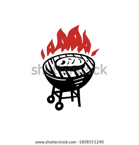 BBQ with meat and fire. Sign logo. Black and red color vector illustration. Isolated on white background. Design for web and print.