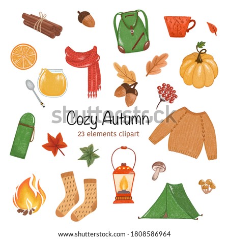 Big Cozy Autumn Set, Autumn home mood, Thanksgiving clipart, hand drawn stock illustration isolated. Gold season, camping, picnic collage on white background