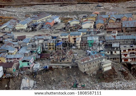 Kedarnath temple aerial view after Kedarnath Disaster 2013. Heavy loss to people & property happened. Worst Disaster.landslide, flood, cloudburst in india  Royalty-Free Stock Photo #1808587111