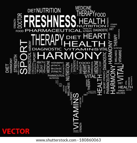 Vector concept or conceptual white text word cloud or tagcloud as a tree isolated on black background as metaphor for health, nutrition, diet, wellness, body, energy, medical, sport, heart or science