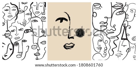 Creative templates with one line face portrait, contemporary abstract colorful shapes. Cubism face. Design promotion.  Royalty-Free Stock Photo #1808601760