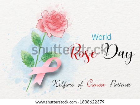 A beautiful single rose in watercolor style with pink campaign ribbon and the day, the name of event on white paper pattern background.