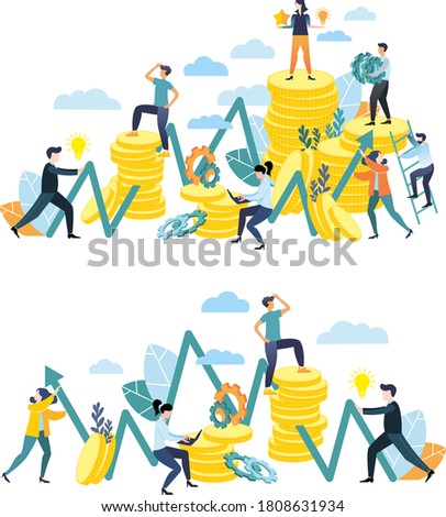 Vector illustration in a flat style. Teamwork. Conquering the peaks. Financial pyramid. Rivalry. Mountains of coins. Business idea.