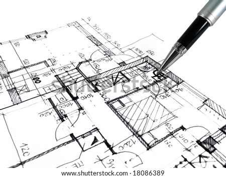 architectural sketch of house plan with pen Royalty-Free Stock Photo #18086389