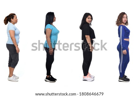 side view of a group of Latin American women with sportswear on white background