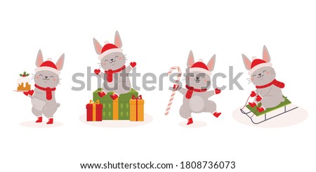 Set of cute christmas bunnies with gifts, candy cane, cake, on sled. 
Collection of christmas characters for design, postcards, posters. 
Cartoon vector illustration on white background
