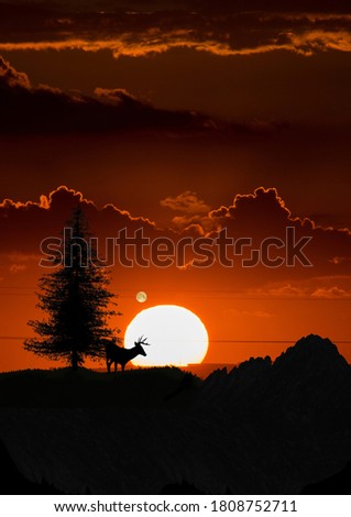 Christmas Landscapes Poster, Background Composition with Mountain, Deer, Tree and Sunlight. 