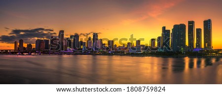 Sunset above Downtown Miami Skyline and Biscayne Bay photographed from MacArthur Causeway on Watson Island, Florida.