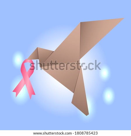  Dove of hope with a pink ribbon. Pink awareness ribbon. Breast cancer awareness month