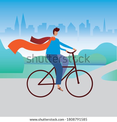 A young man on a bicycle rides in the park as a concept of cycling, bicycle as a lifestyle, activity. Flat vector stock illustration with cyclist or character on city bike