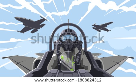 Pilot's in the fighter. Aircraft-fighter cockpit overview. Aerobatic team in the air. A military fighter in the clouds. Figures of higher pilatage. The pilot of a military plane. Illustration, EPS 10 Royalty-Free Stock Photo #1808824312