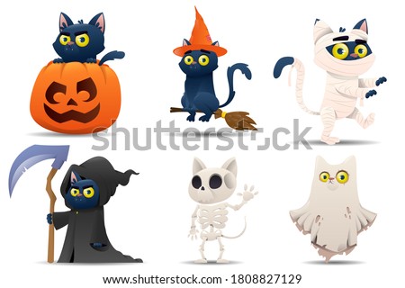 Collection of Halloween characters cats. Cats are dressed in a witch, pumpkin, ghost, zombie, skeleton, death costume. Halloween outfit collection. Vector illustration