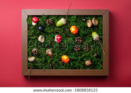 Autumn symbols on green moss background. Composition in wooden frame. Top view