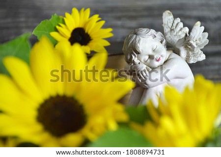 Angel and sunflowers on wooden background