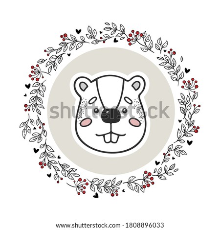 Animal logo isolated on white background. Hand drawn beaver in circle doodle vector frame. Vintage style. Perfect for nursery, kids apparel, greeting, invitation, and wish cards. Baby shower theme.