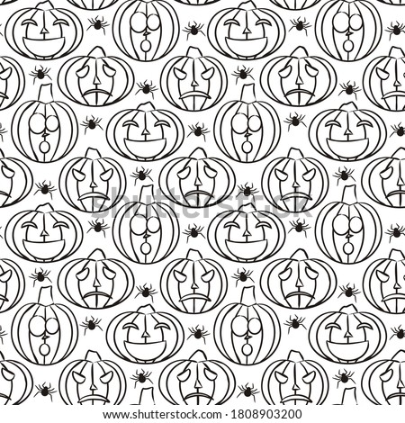 Seamless halloween vector pattern. Hand-drawn spiders and pumpkins with carved faces. Black and white children's coloring.