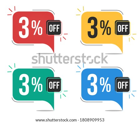 3% off. Red, yellow, green and blue tags with three percent discount. Banner with four colorful balloons with special offers vector.