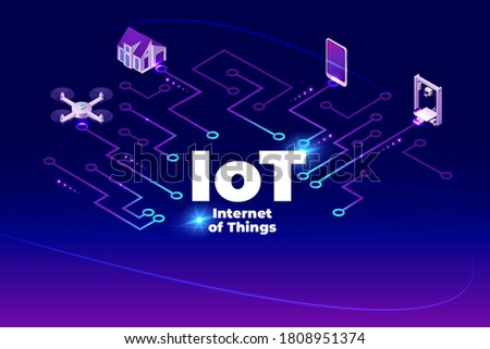 3d illustration. 3d rendering. Ai illustration. IoT. Internet of things. Drone, house, mobile, 3d printer on the deep blue background.  