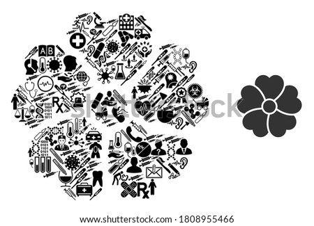 Mosaic flower of medical symbols and basic icon. Mosaic vector flower is composed of healthcare symbols. Flat design elements for pharmacy illustrations. Illustration is based on flower pictogram.