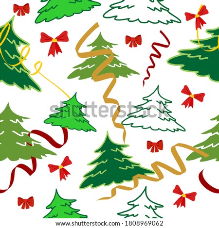 Vector seamless background with Christmas tree, bows and serpentine for Christmas and New Year design isolated on white