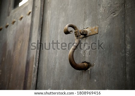 Old door knocker, detail of wooden door
