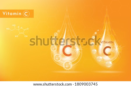 Drop Vitamin C and structure. Medicine capsule, Golden substance. 3D Vitamin complex with chemical formula. Personal care and beauty concept. Vector Illustration Royalty-Free Stock Photo #1809003745