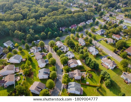 Scenic seasonal landscape from above aerial view of a small town in countryside Cleveland Ohio USA