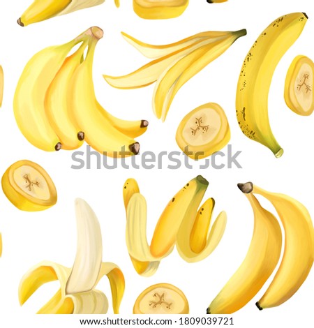Bananas seamless pattern on an isolated white background. Digital art, oil imitation. Tropical, fruity, abstract print. Raster illustration