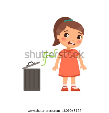 Little girl does not like the bad smell from the trash can. Expression of emotion on the face of a child. Cartoon character 
 Royalty-Free Stock Photo #1809065122
