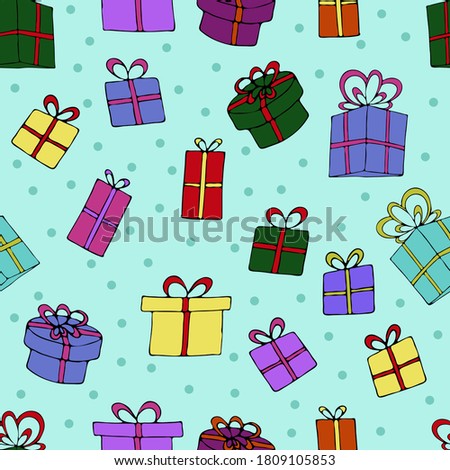 colored boxes with gifts on a blue background, cute winter doodles, vector seamless pattern in doodle style