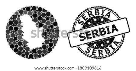 Vector mosaic map of Serbia with round dots, and gray grunge seal. Hole circle map of Serbia collage created with circles in different sizes, and dark grey color tones.