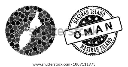 Vector mosaic map of Masirah Island with spheric items, and grey rubber seal stamp. Subtraction round map of Masirah Island collage created with circles in different sizes, and dark gray color tints.