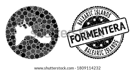 Vector mosaic map of Formentera Island with round elements, and gray scratched seal. Subtraction round map of Formentera Island collage composed with circles in different sizes,