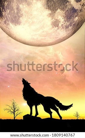 Fantasy landscape for e book cover - Howling wolf silhouette with huge planet rising in unreal sky digital illustration. Elements of this image furnished by NASA