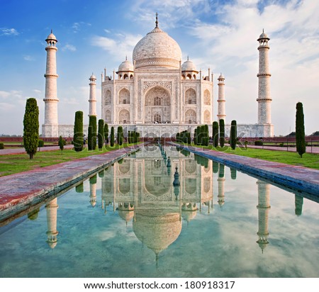 Beautiful Taj Mahal in sunrise light, Agra, India  Royalty-Free Stock Photo #180918317