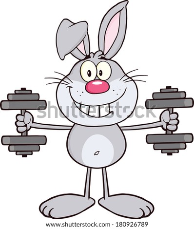 Smiling Gray Rabbit Cartoon Character Training With Dumbbells. Vector Illustration Isolated on white