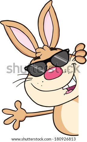 Cute Brown Rabbit With Sunglasses Looking Around A Blank Sign And Waving. Vector Illustration Isolated on white