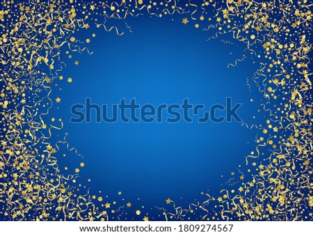 Gold Serpentine Flying Vector Blue Background. Isolated Star Plant. Streamer Happy Invitation. Golden Celebrate Design.