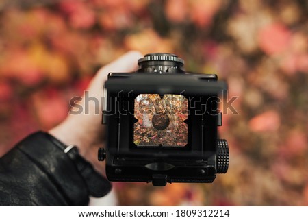 Cropped image of man taking pictures outdoors in the colorful autumn park. Vintage stylized photo of man photographer with old camera. 