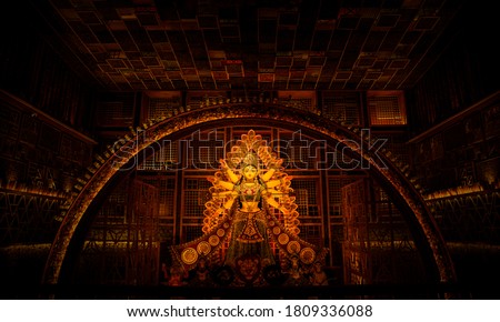 Godess Durga idol in a Pandal.Durga Puja is the most important worldwide hindu festival for Bengali  Royalty-Free Stock Photo #1809336088