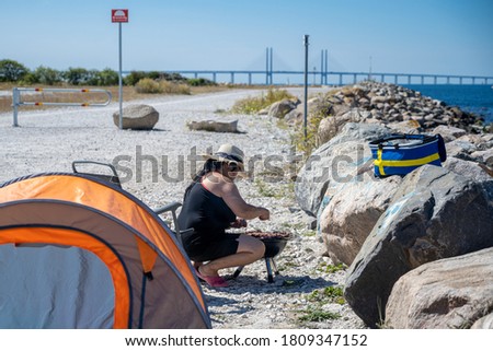 Barbecue a hot summer day with the Oresund Bridge in the background. Picture from Malmo, Scania, southern Sweden