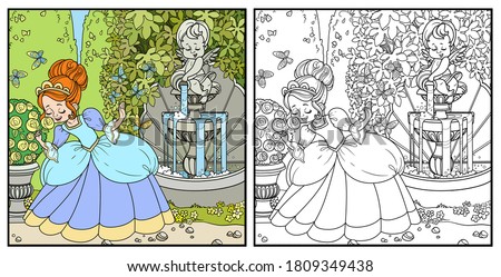 Beautiful princess sniffs a rose flower in park with a cupid pouring water from a jug a fountain color and outlined for coloring page