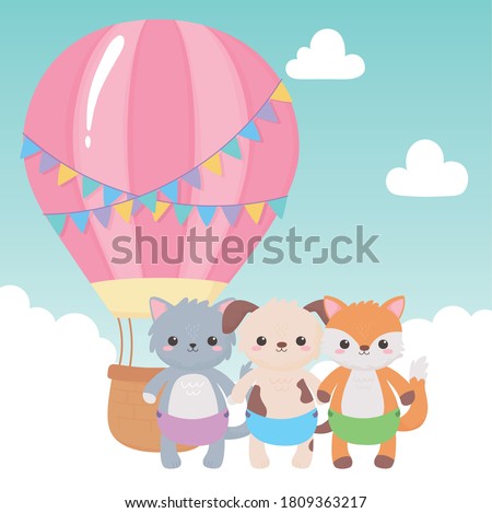 baby shower, cute animals air balloon sky cartoon, celebration welcome newborn vector illustration