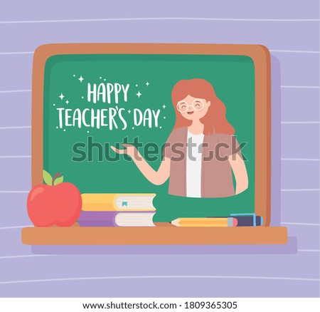 happy teachers day, chalkboard teacher apple books and pencil vector illustration