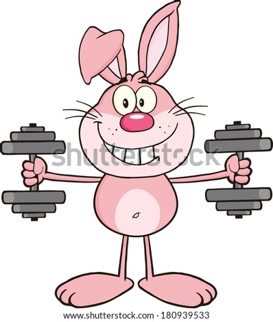 Smiling Pink Rabbit Cartoon Character Training With Dumbbells. Raster Illustration Isolated on white